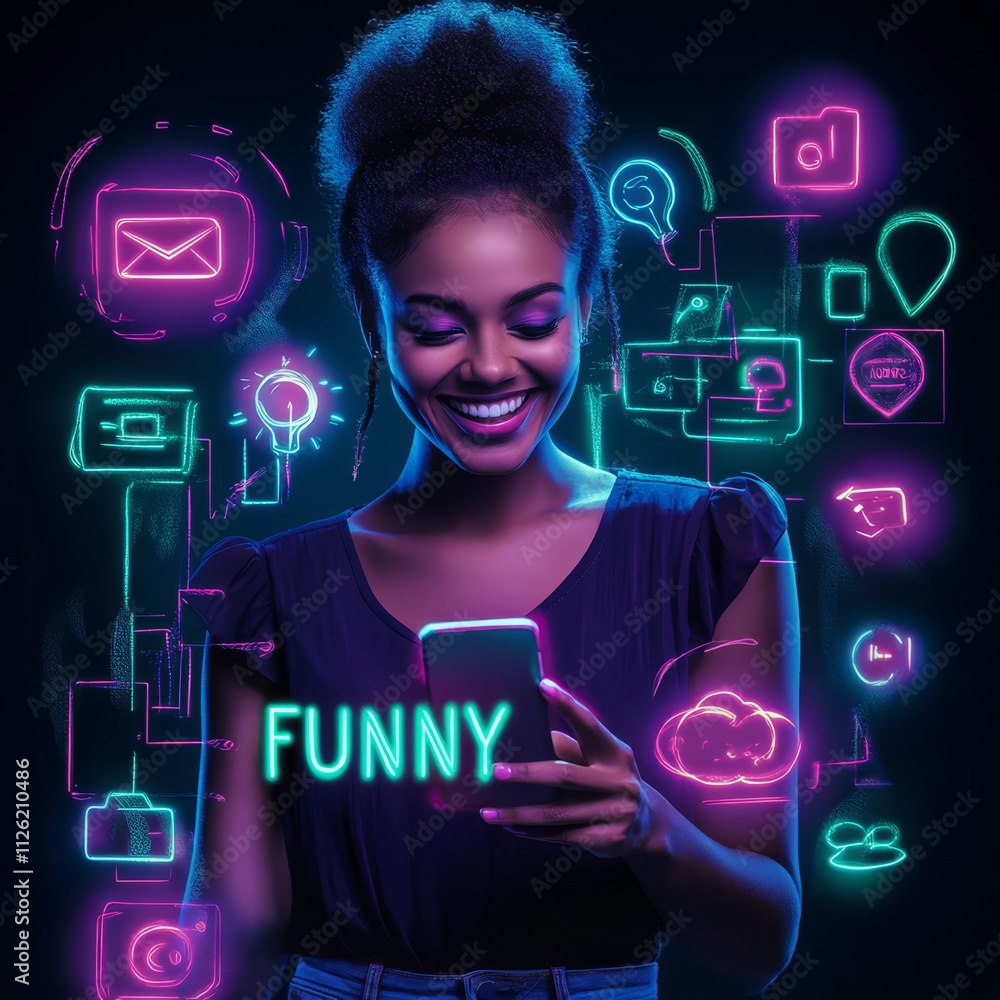 Poster digital delight: a joyful woman with a vibrant afro smiles brightly while holding a smartphone, surr