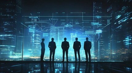 Men silhouetted in front of futuristic window overlooking illuminated city skyline at night, with tech design elements.