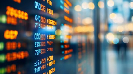 Obraz premium Close-Up View of Colorful Stock Market Board Filled with Vibrantly Arranged Numerical Grid, City Street Background at Night