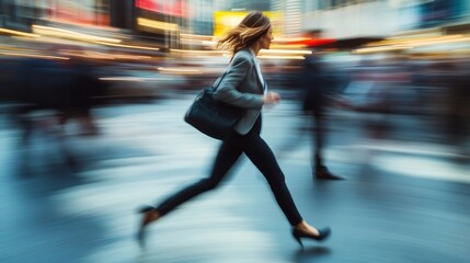 business woman hurry up and running in business city street for rush hour as motion blur