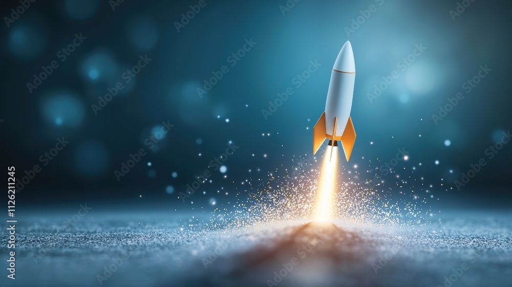 Poster a dynamic visualization of a rocket launching into space, with a trail of glowing light representing