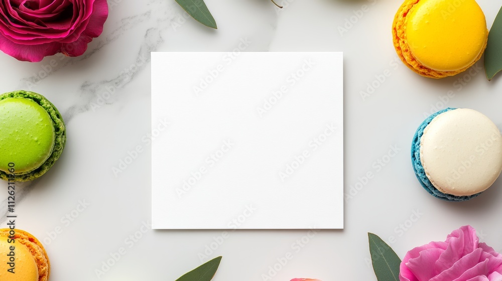 Poster white card with a pink rose and a green leaf on it. the card is empty. there are several colorful ma