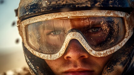 Driver dustcovered goggles reflecting desert rally action providing a gritty perspective