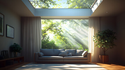Fototapeta premium Cozy living room with natural light and greenery illuminating the space
