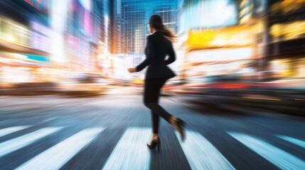business woman hurry up and running in business city street for rush hour as motion blur