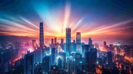 Fototapeta premium Vibrant City Skyline Panorama at Night with Unique Skyscraper Design, Colorful Lights, and Grid-Like Layout