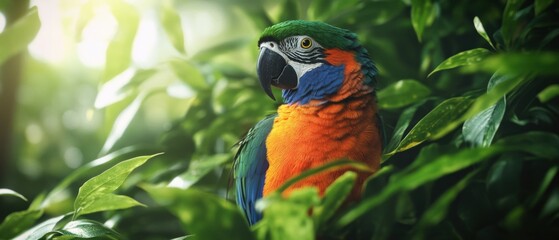 vibrant parrot perched among lush green foliage