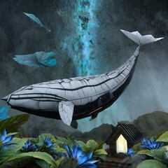 고요하고 몽환적인 빛나는 하늘 아래를 비행하는 거대한 고래, 꽃이 핀 초원 위의 오두막 일러스트. 04