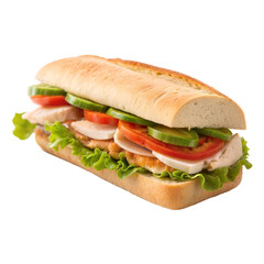 Delicious sandwich with lettuce, turkey, tomato, and cucumber. Isolated on a transparent or white background.