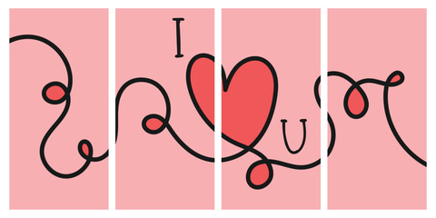 Valentine's day concept doodle line art posters set. Cute love design vector