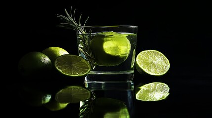 Fototapeta premium Lime, Gin and Rosemary Cocktail dark background fresh limes