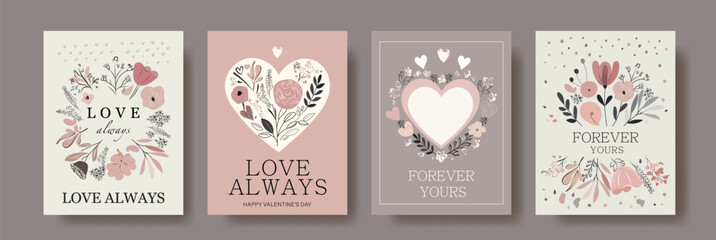 Romantic floral greeting cards set in soft pastel tones, featuring hearts, flowers, and elegant typography. Perfect for Valentine's Day, weddings, anniversaries, and love occasions. Beige, pink, gray 