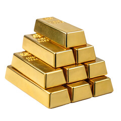Gold bars arranged in a pyramid on a transparent or white isolated background.