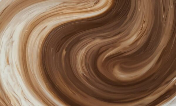  Abstract fluid swirl pattern in warm beige and brown tones resembling natural marble texture or coffee art.