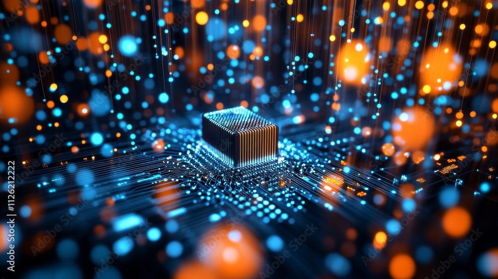 Poster futuristic close-up of microchip on circuit board with colorful bokeh lights - technology and innova