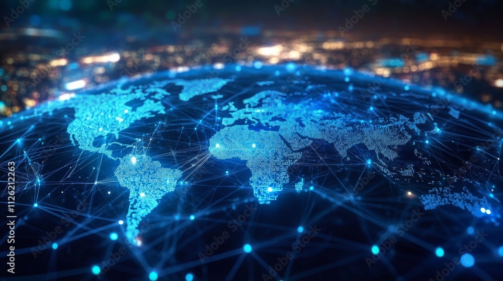 Aufkleber futuristic 3d world map network with depth and dimension on dark blue background