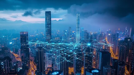Fototapeta premium An aerial view of a bustling city at night with towering skyscrapers, blue lights, and a network of interconnected lines.
