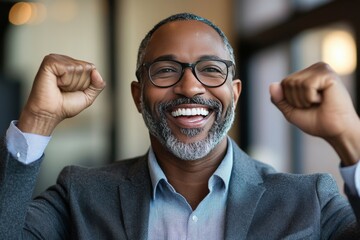 A man with glasses is smiling and raising his hands in the air