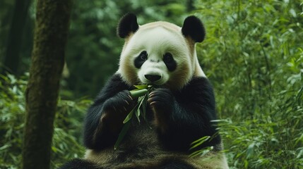 Obraz premium A Panda Bear Enjoying a Bamboo Meal in a Lush Forest