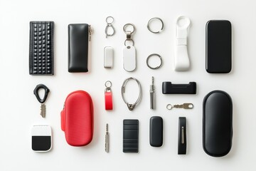 Fototapeta premium Arranged collection of assorted car accessories including keychains, air fresheners, and chargers on a white background offers ample space for text. Generative AI