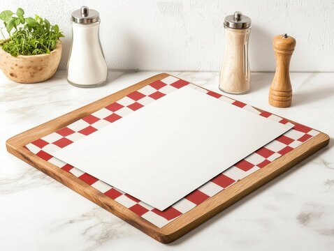Empty checkered tablecloth with seasoning shakers, ideal for restaurant or food presentation themes.