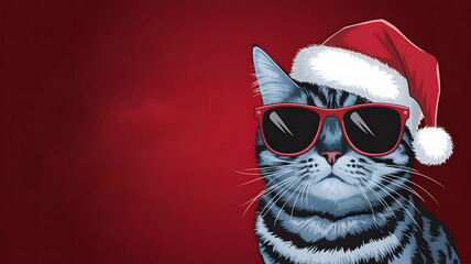 Cool santa claus cat with sunglasses and santa hat, isolated on red background.