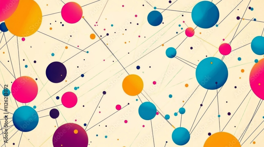 Poster colorful abstract circles interconnected in a vibrant network pattern on a white background, with a 