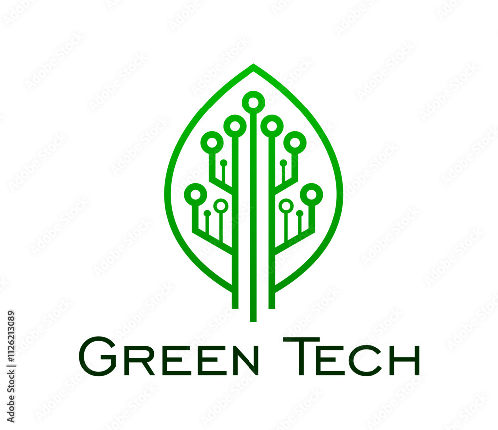 Fototapete Green tech icon of leaf with chipset circuit for eco technology, vector emblem. Smart digital farm or green tech and digital innovation company sign of leaf with circuit board for biotechnology icon