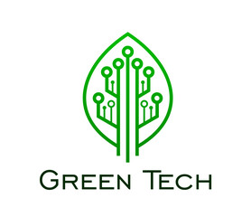 Green tech icon of leaf with chipset circuit for eco technology, vector emblem. Smart digital farm or green tech and digital innovation company sign of leaf with circuit board for biotechnology icon