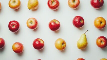 Close-up shot of vibrant red apples, golden pears, and bright oranges with firm, smooth skin on a clean white background.