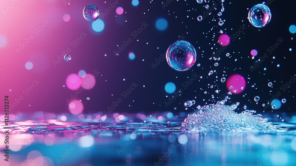 Poster close up of iridescent oil bubbles suspended in water, creating a mesmerizing abstract pattern with 