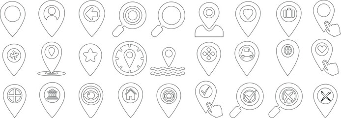 Location icon vector set, map pointer, navigation sign, and search symbols in a seamless line art collection. Perfect for maps, GPS tools, travel designs, and digital navigation interfaces