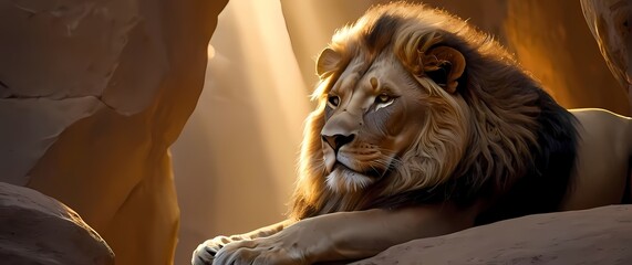 Oilpainting of Daniel in the lions den soft golden light illuminating Daniels peaceful face as the lions rest quietly with warm earthy browns and cool stone grays. 