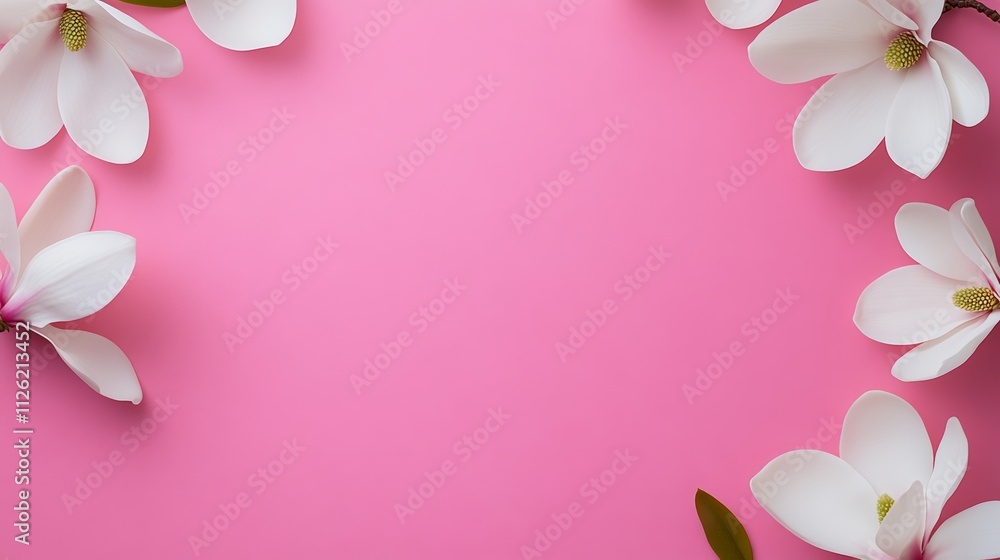 Poster pink background with white flowers in the center. the flowers are arranged in a way that they are no