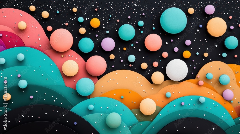 Aufkleber whimsical composition of oil bubbles in various sizes and colors, creating a playful and abstract vi