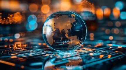 Globe atop US dollar bills with city lights, symbolizing finance and technology in a global economy.