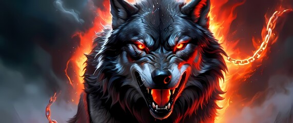 Oilpainting of Fenrir the colossal wolf breaking free of his chains his eyes blazing with fury in shades of fiery red smoky black and gleaming silver