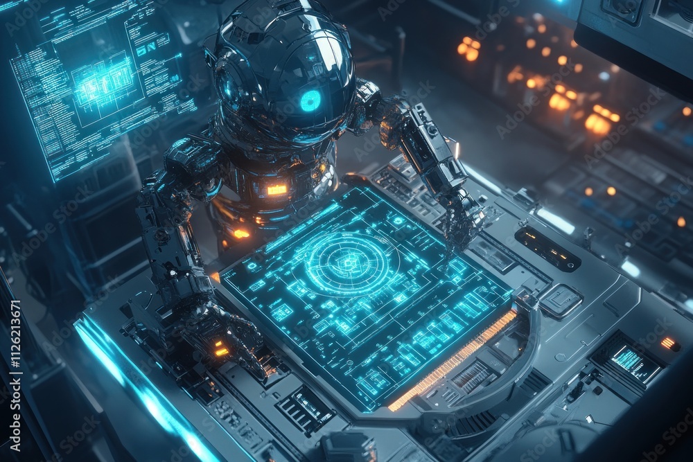 Aufkleber futuristic robot working on a holographic interface in a high-tech control room.