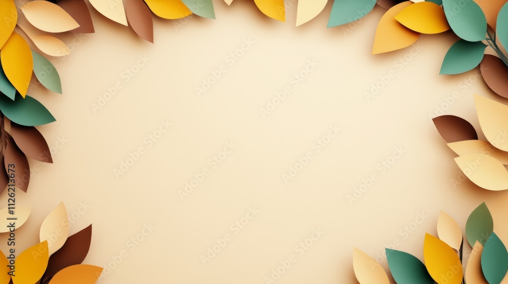 Poster frame of leaves with a yellow background. the leaves are of different colors and sizes. the frame is