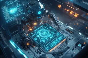 Fototapeta premium Futuristic robot working on a holographic interface in a high-tech control room.