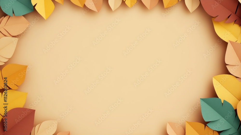Poster frame of paper leaves with a yellow background. the frame is empty and the leaves are in different c