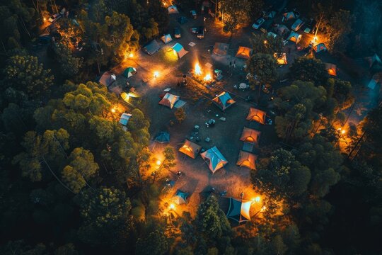 A vibrant collection of tents is surrounded by flickering campfires, creating a cozy atmosphere in a wooded area during nighttime, inviting community and adventure. - Powered by Adobe