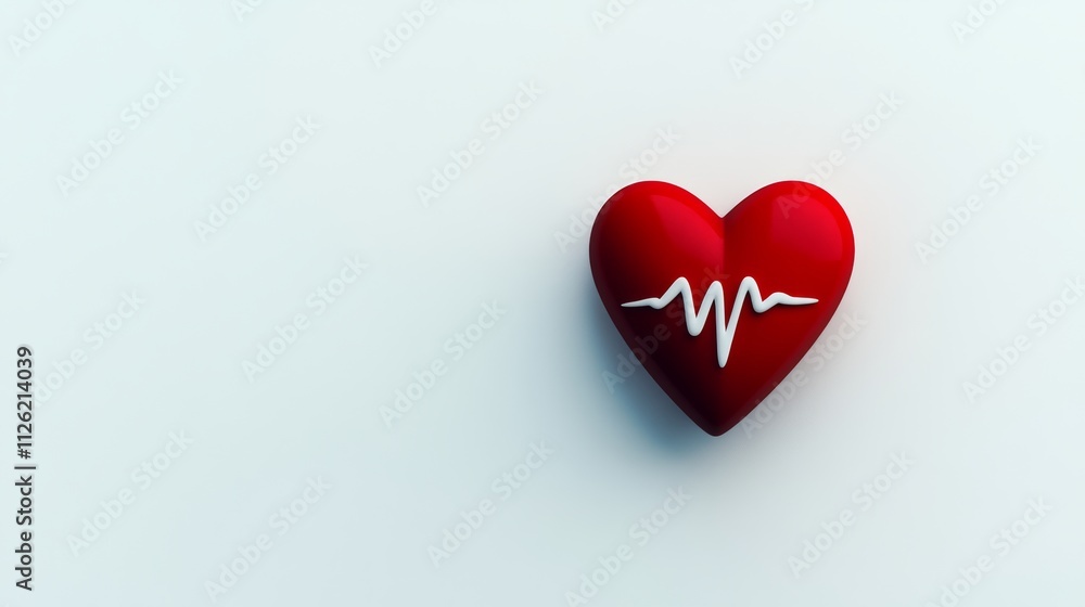 Poster heart with a white line on it is placed on a white background. the heart is a vibrant red color, and