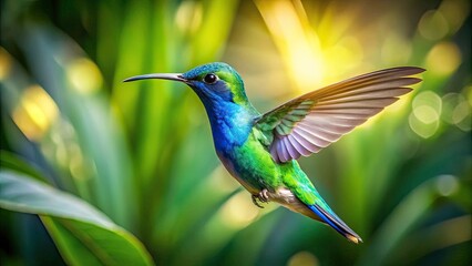 Fototapeta premium Blue-Crowned Hummingbird in Flight, Tropical Forest Bird, Green Winged Hummingbird, Vivid Nature Photography