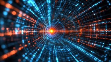 Fototapeta premium Futuristic Technological Landscape: Dark Blue Background Tunnel with Radiant Orange Light, Dynamic Energy and Movement.