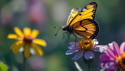 Obraz premium Butterflies feed on nectar, but also help plants reproduce by carrying pollen from flower to flower.