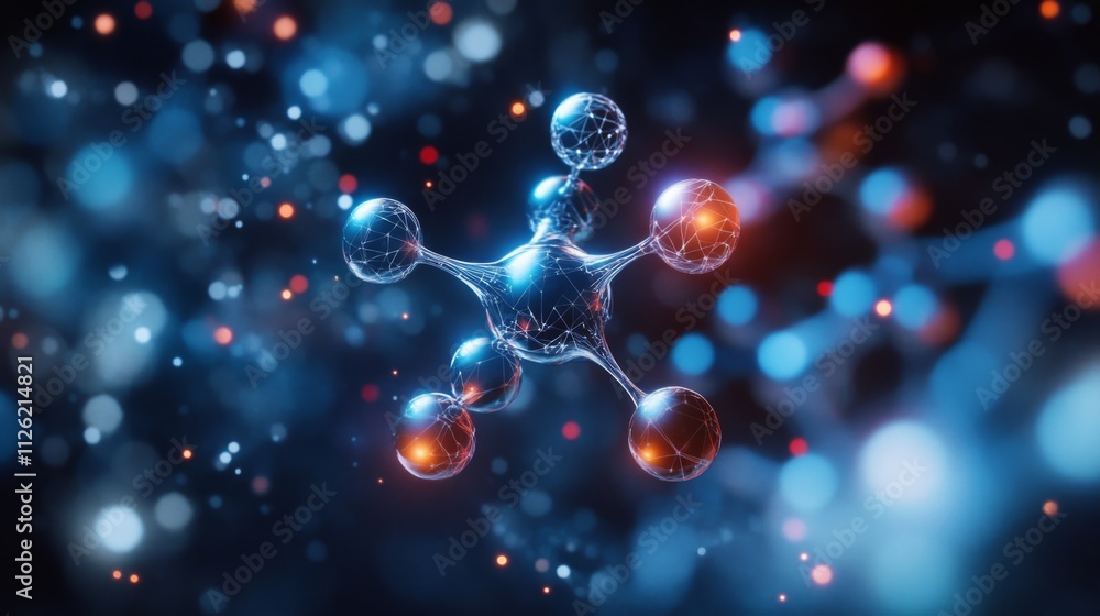 Poster digital illustration of a colorful molecular structure with interconnected spheres in blue, red, and