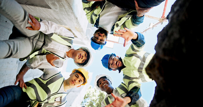Architect, people and construction worker in circle, planning and review low angle at building site. Men, woman and group with engineer for problem solving, solution or diversity for property project