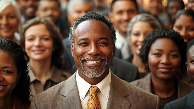 black middle age man standing with other diverse people smiling standing together at city street, multicultural culture