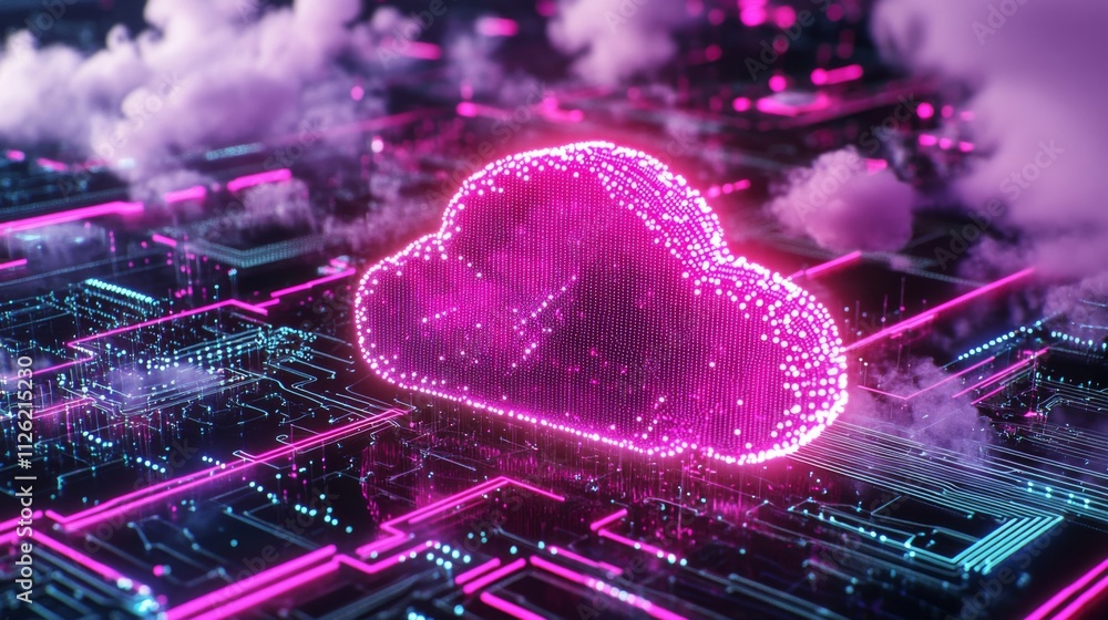Poster neon pink cloud computing concept with circuit board pattern in futuristic technological background 
